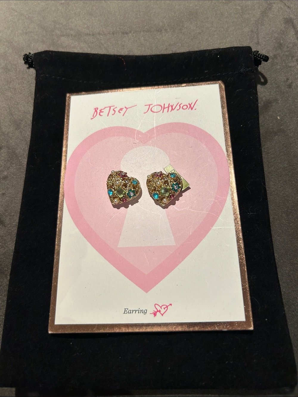 Betsey Johnson Gold Tone Multicolor Crystal Heart Stud Earrings on Card